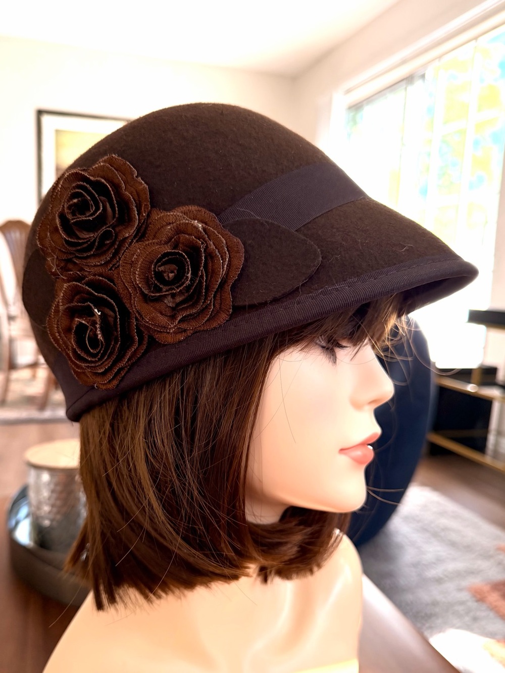 NWT Nine West Brown Wool Cloche Hat Floral Roses Fall Winter